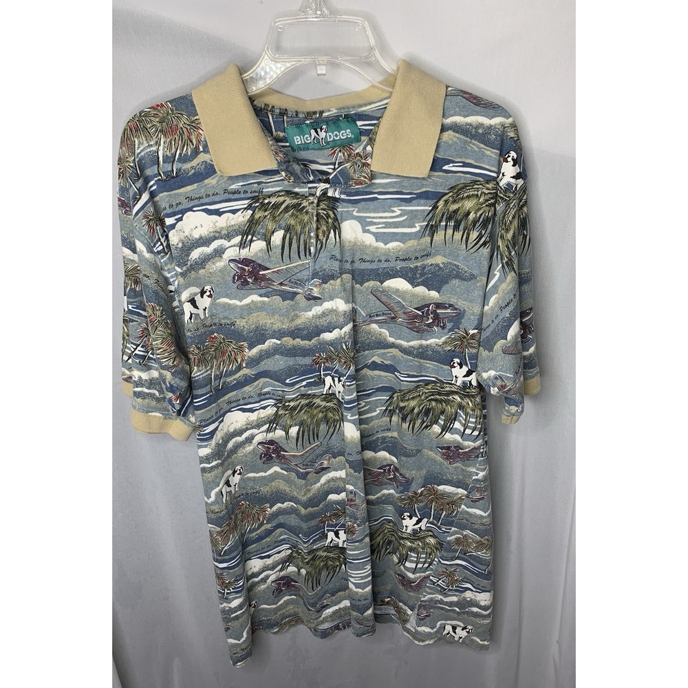 Mens M/L‎ Vtg Big Dogs Hawaiian Polo Beach Plane clouds  Unique Shirt 90s